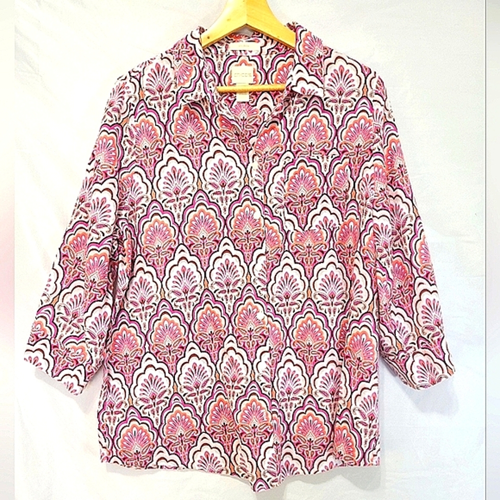 Chicos Linen No Iron Pink Paisley Medallion Artistic Boho Button Down Shirt